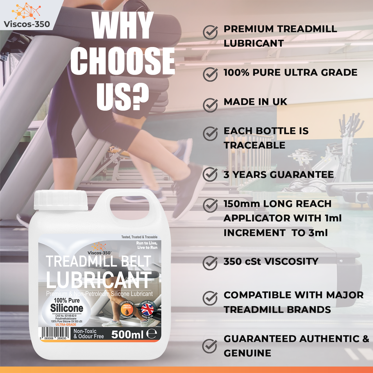 Viscos-350 Premium Treadmill Lubricant Pure Silicone Oil 15cm Long Applicator Inc - Made in UK - 500ml - Viscos-350