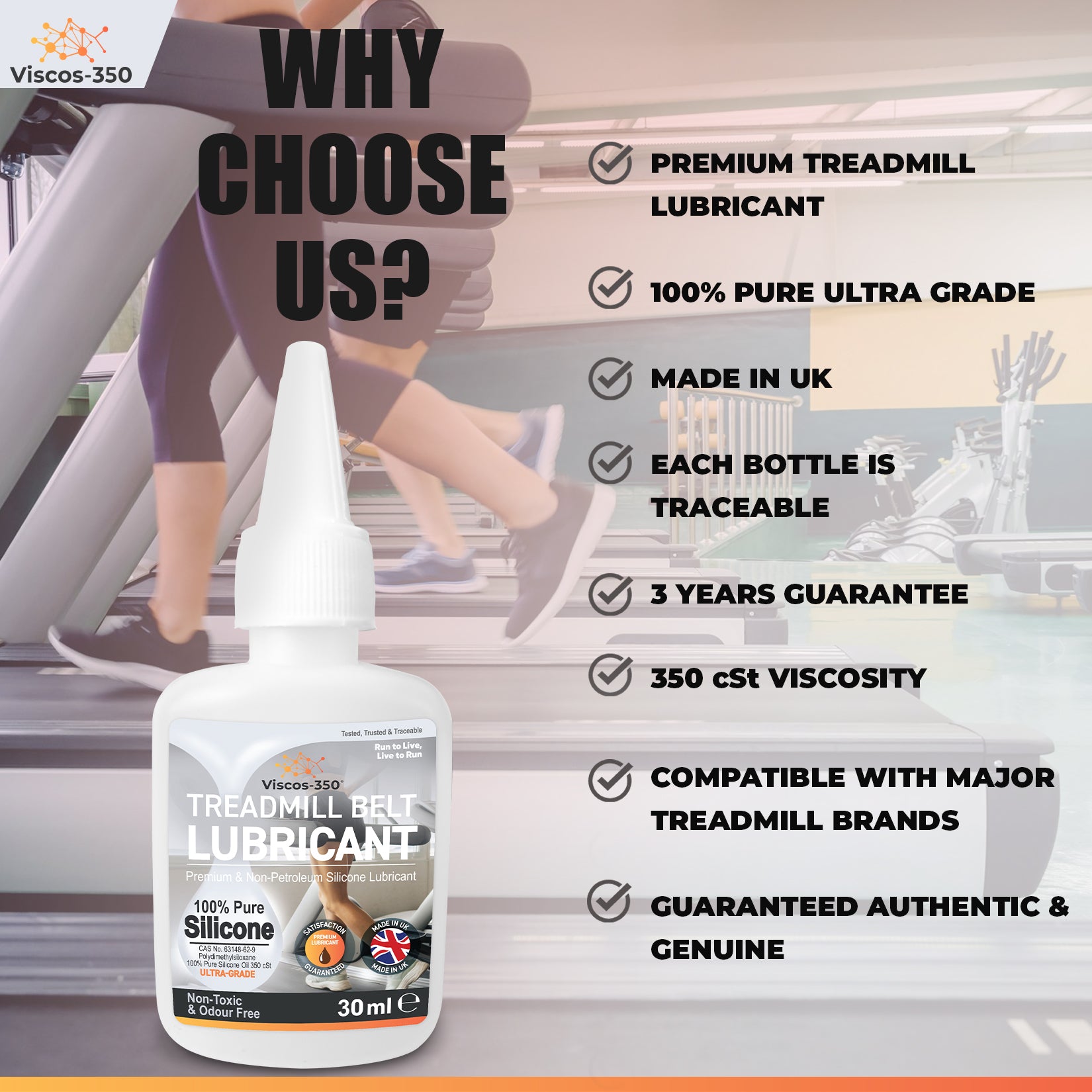 Viscos-350 Premium Treadmill Lubricant | Pure Silicone Oil | Made in the UK 