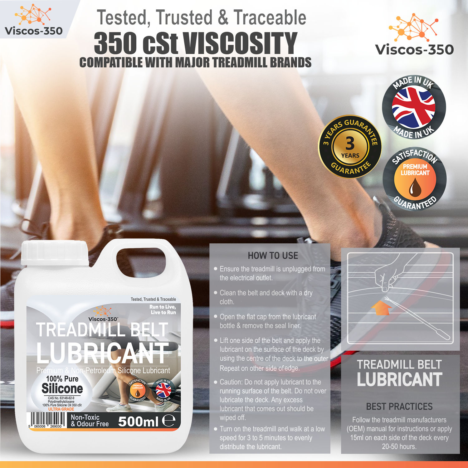 Viscos-350 Premium Treadmill Lubricant Pure Silicone Oil 15cm Long Applicator Inc - Made in UK - 500ml - Viscos-350