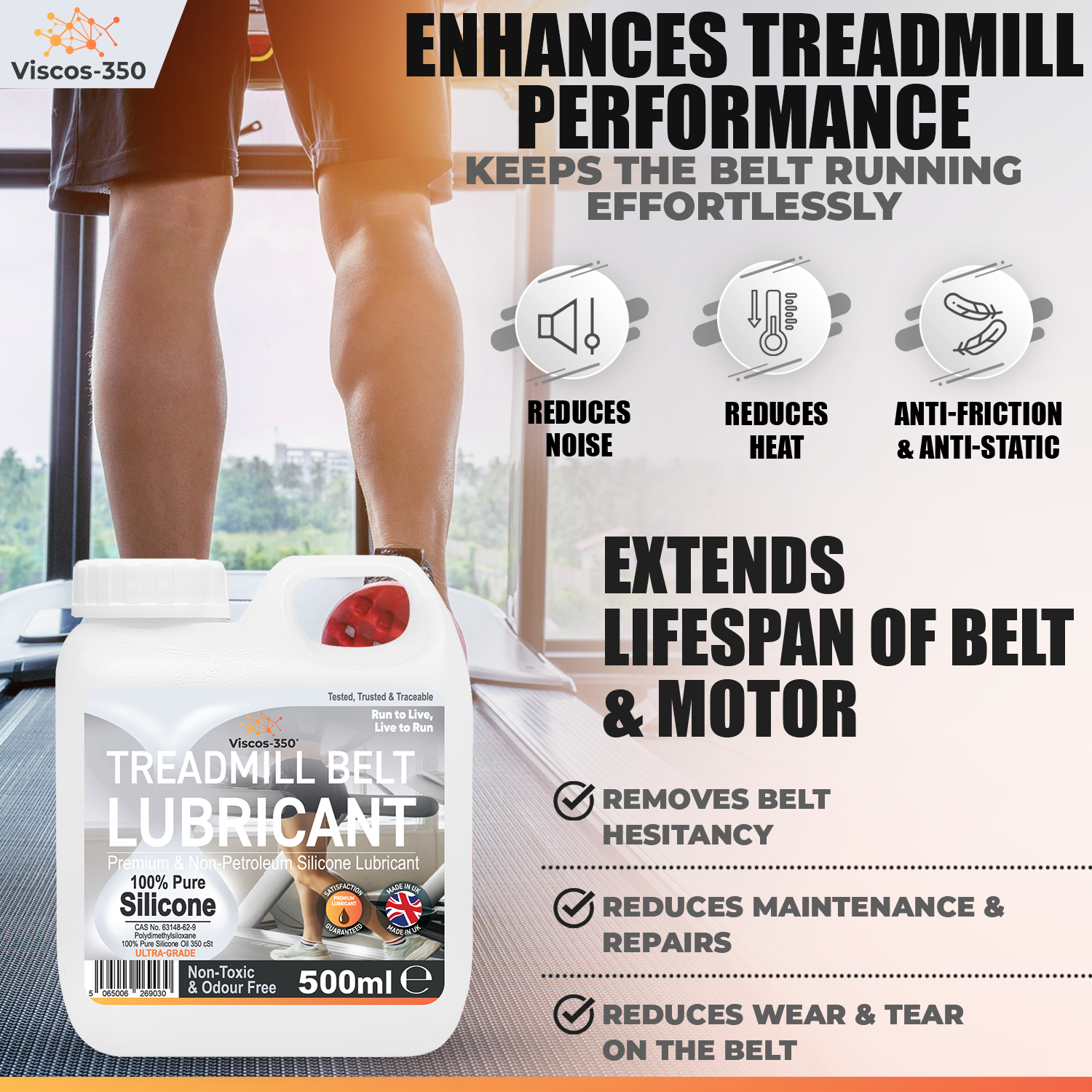 Viscos-350 Premium Treadmill Lubricant Pure Silicone Oil 15cm Long Applicator Inc - Made in UK - 500ml - Viscos-350