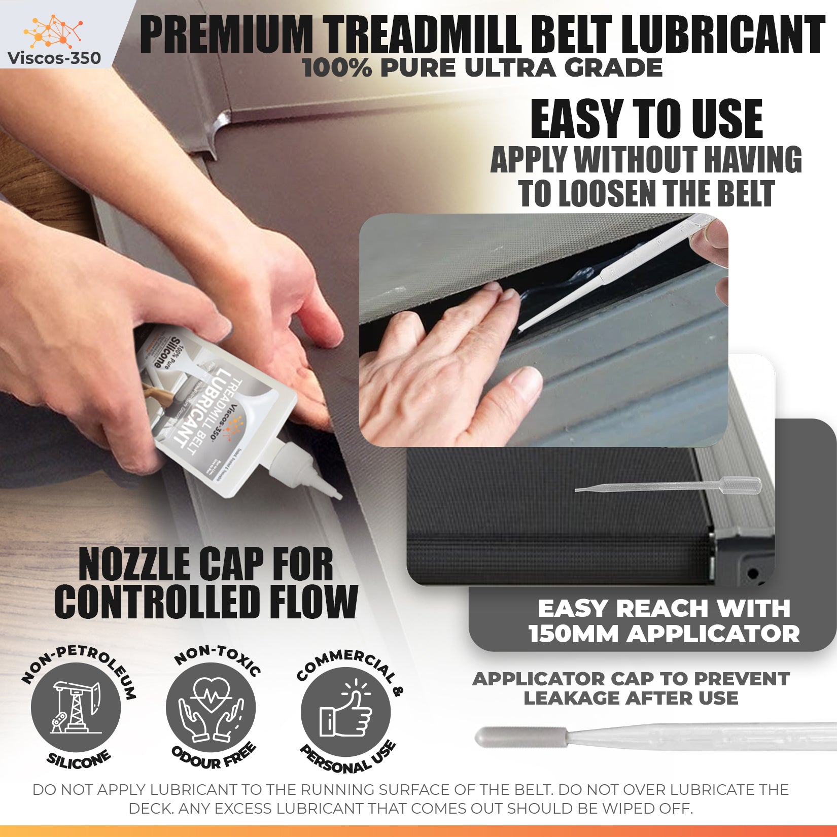 Viscos-350 Premium Treadmill Lubricant Pure Silicone Oil 15cm Long Applicator Inc - Made in UK - 200ml - Viscos-350