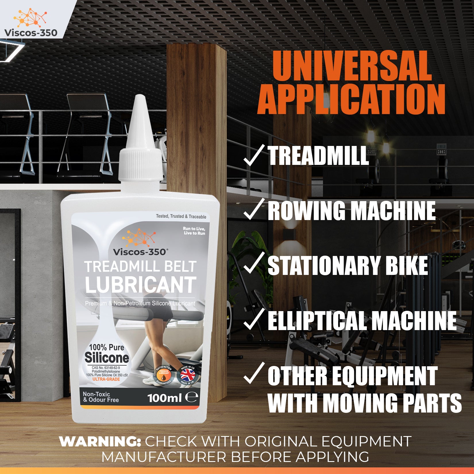 Viscos-350 Premium Treadmill Lubricant Pure Silicone Oil 15cm Long Applicator Inc - Made in UK - 200ml - Viscos-350