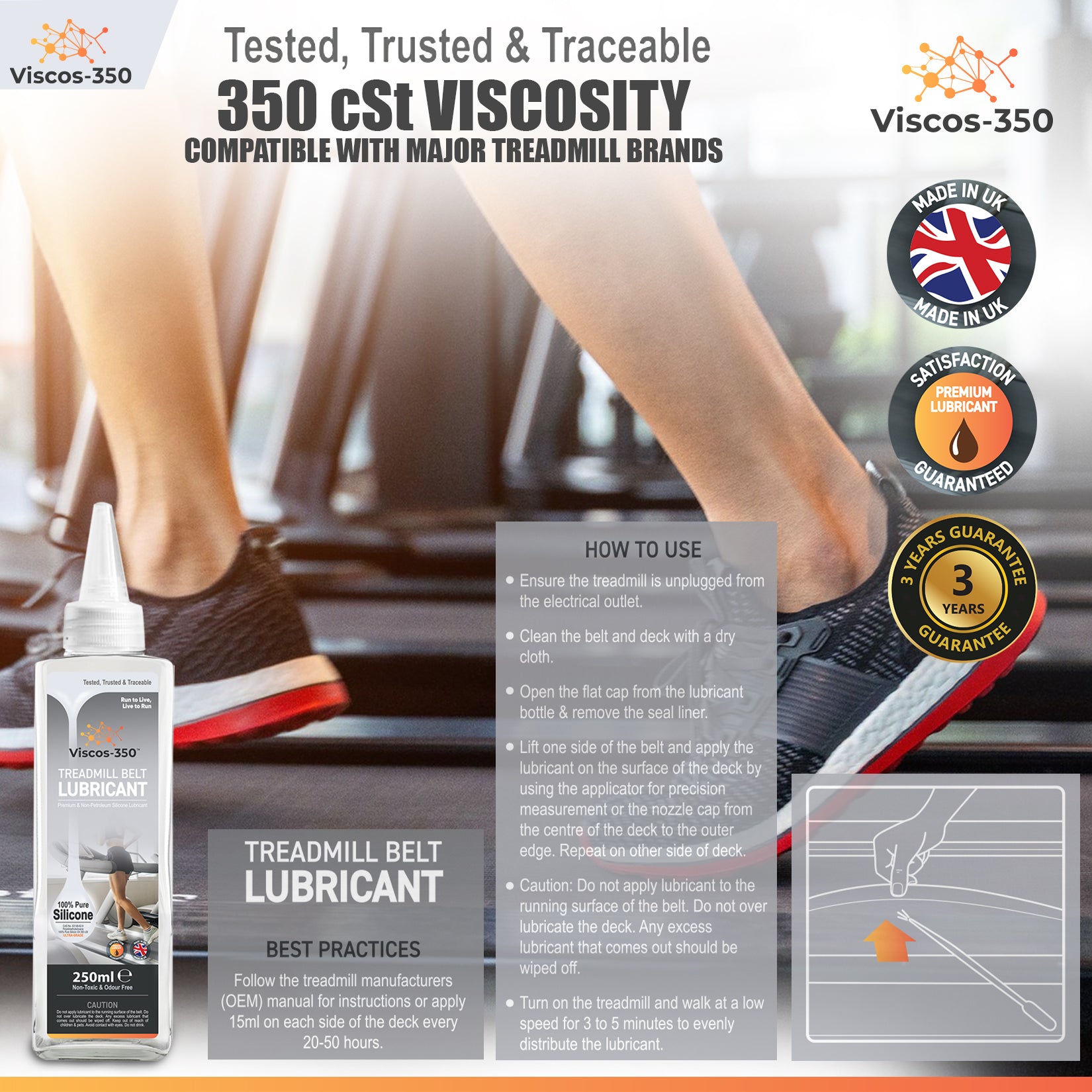 Viscos-350 Premium Treadmill Lubricant | Pure Silicone Oil | 30cm Long  Applicator Included | Made in the UK