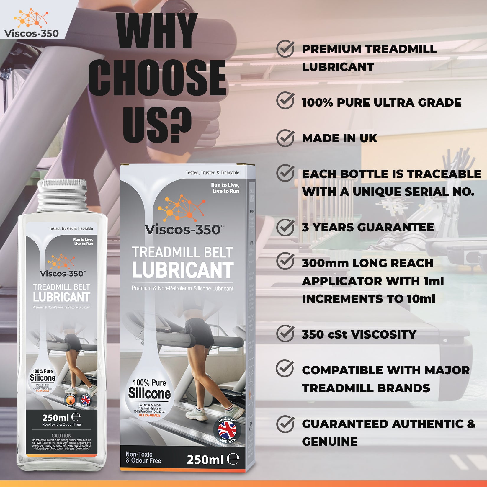 Viscos-350 Premium Treadmill Lubricant Pure Silicone Oil 30cm Long Applicator Inc - Made in UK - 250ml - Viscos-350