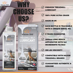 Viscos-350 Premium Treadmill Lubricant Pure Silicone Oil 30cm Long Applicator Inc - Made in UK - 250ml - Viscos-350