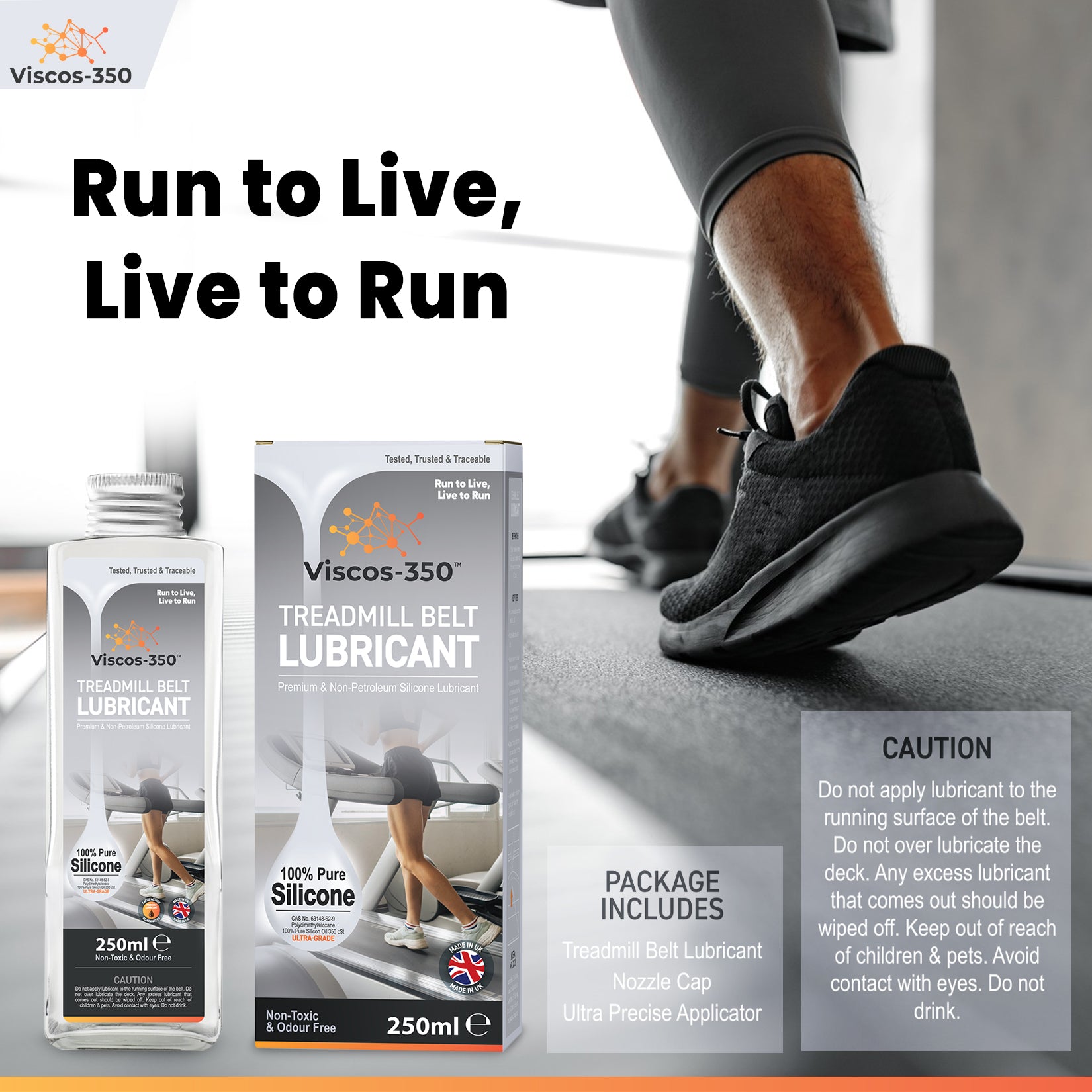Viscos-350 Premium Treadmill Lubricant Pure Silicone Oil 30cm Long Applicator Inc - Made in UK - 250ml - Viscos-350