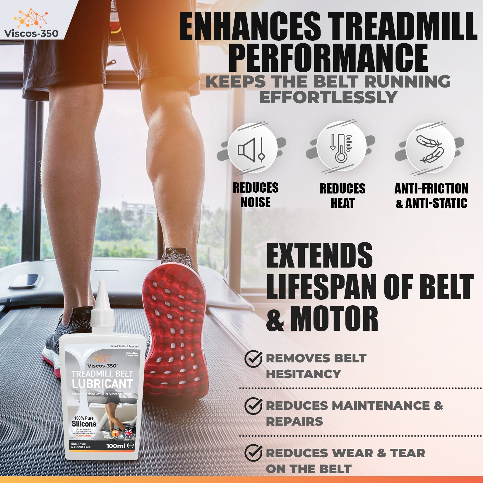 Viscos-350 Premium Treadmill Lubricant Pure Silicone Oil 15cm Long Applicator Inc - Made in UK - 200ml - Viscos-350